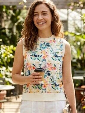 Ted Baker Floral Sleeveless Knit Top Size 1 Small Cream & Multi-Color